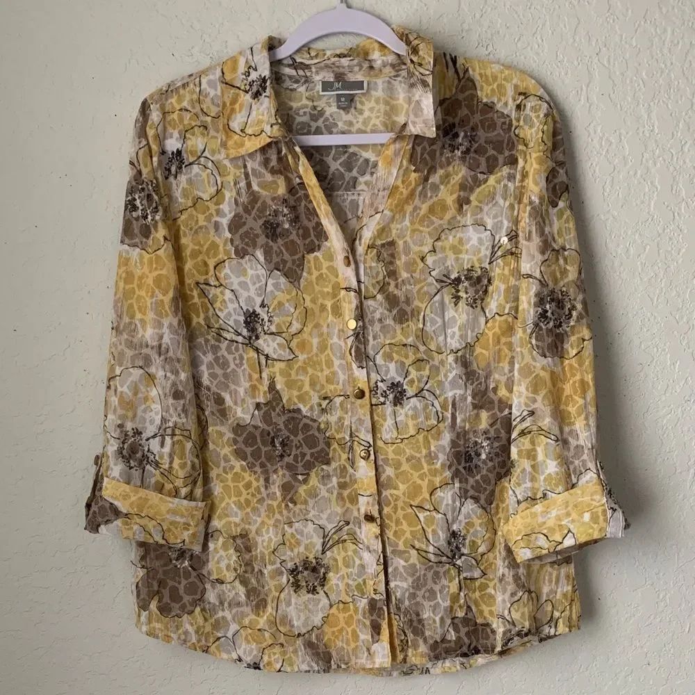JM collection Floral Button-Up V-Neck Lightweight Blouse Size 12